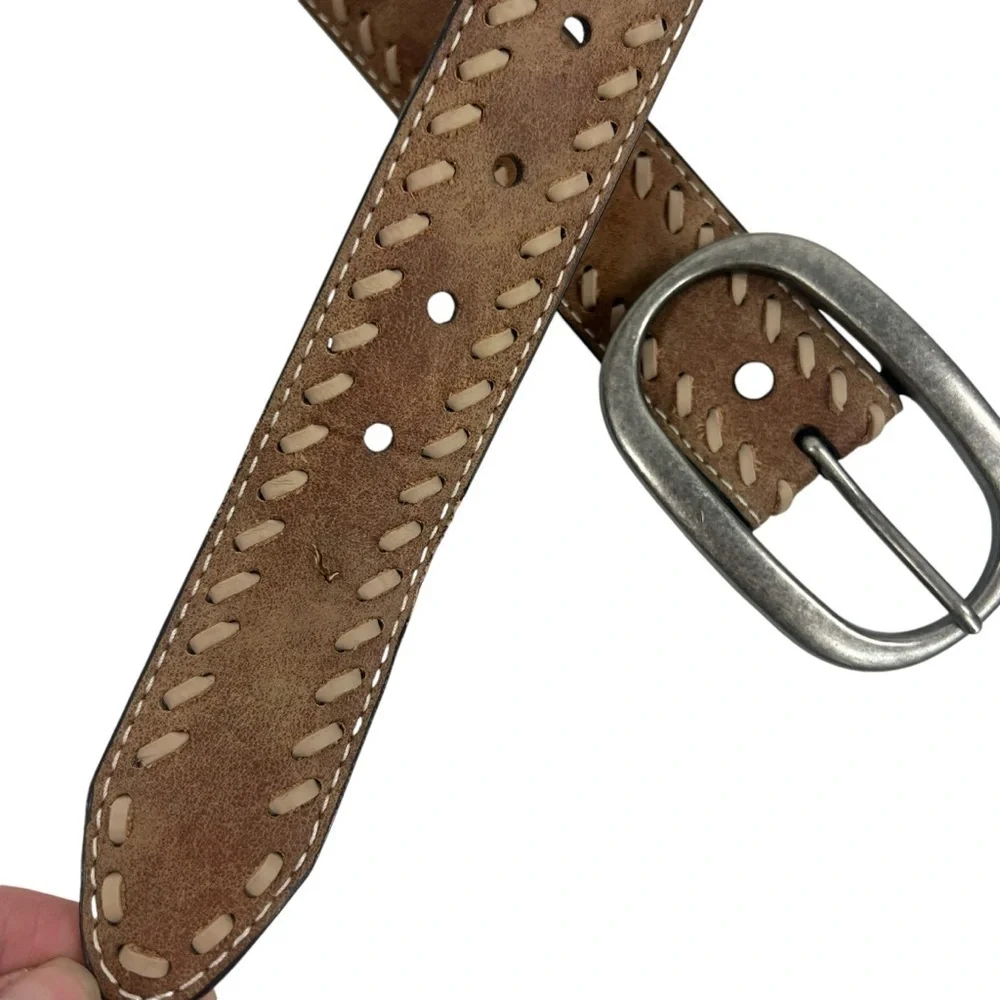 Leather Western Style Belt with woven stitch edging detail Silver Hardware small